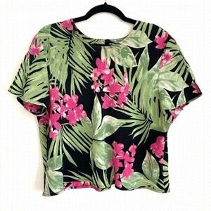 Vintage Floral Hawaiian Tropical Top Women's Large Boxy Blouse Short Sleeve